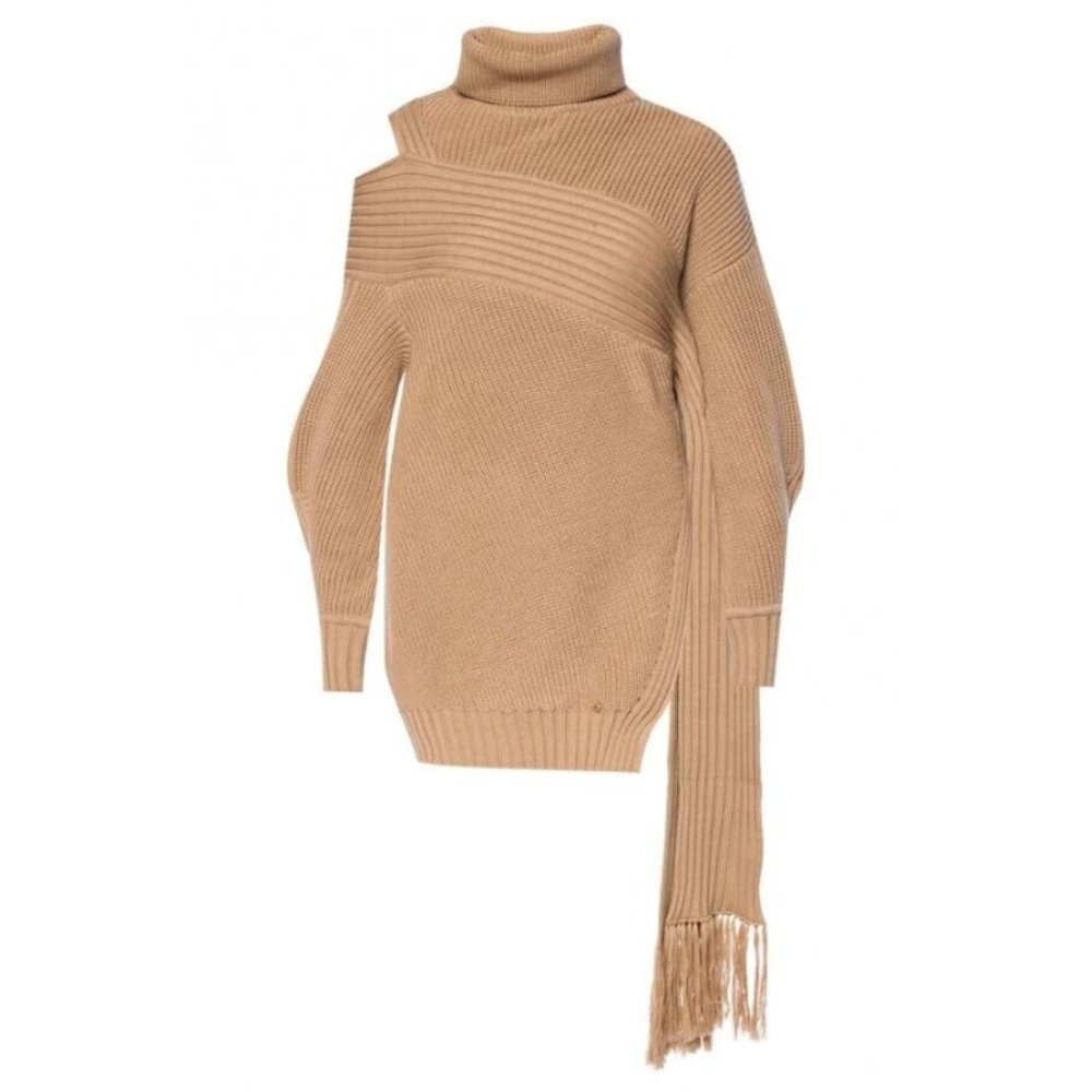 New VERSACE Womens Camel BROWN ASYMMETRICAL TURTLENECK WOOL SWEATER Size 42